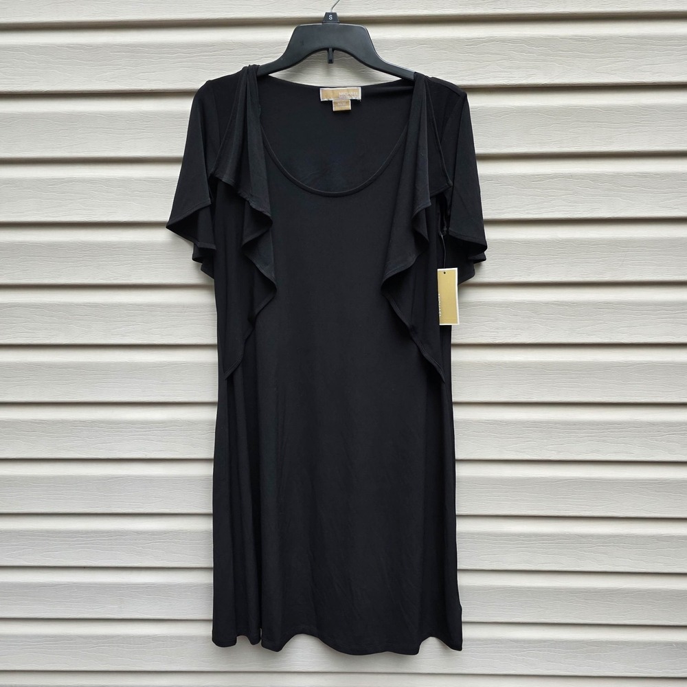 Michael Kors Dress M Black Ruffle Flutter Sleeve Stretch‎ Cocktail Midi NWT